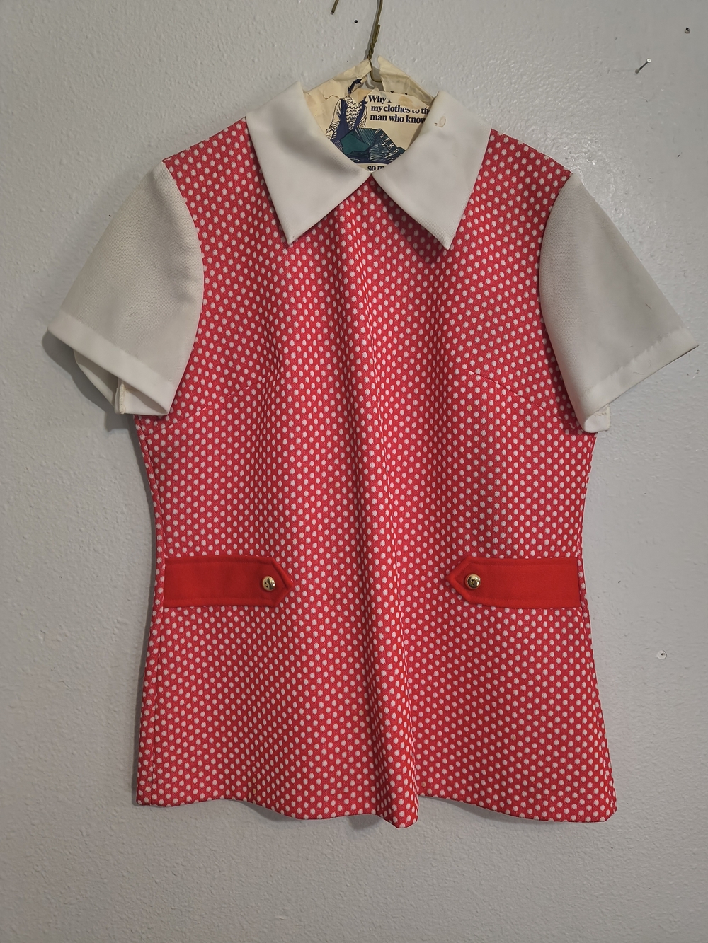 Vintage Flutterbye Red White Polka Dot Top Collar Gold Buttons Size M